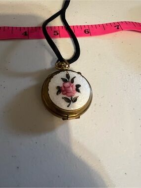 Vintage GUILLOCHE Pink Rose Enamel Locket Necklace